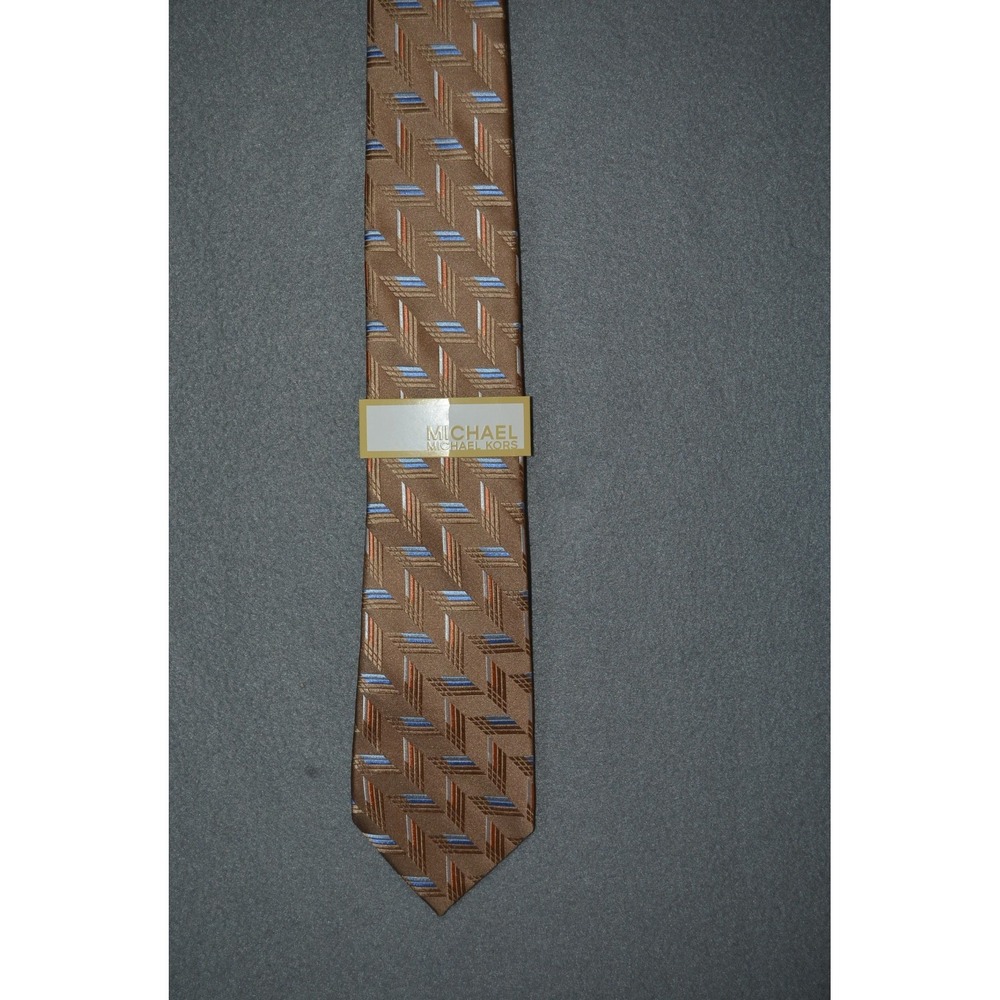 Michael Kors Tie Gold Blue Geometric 100% Silk Necktie New